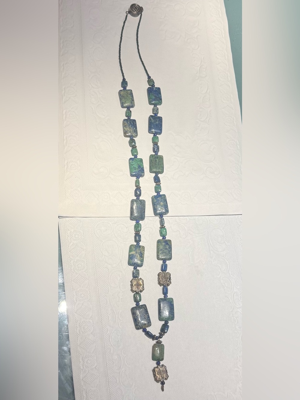 Vintage Artisan Sterling Silver 925 Azurite Malachite Statement Necklace Handmad